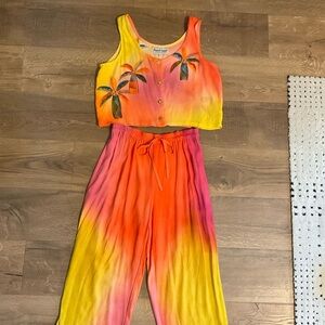 Tropical Summer yellow, peach tank / cropped pant set, M
